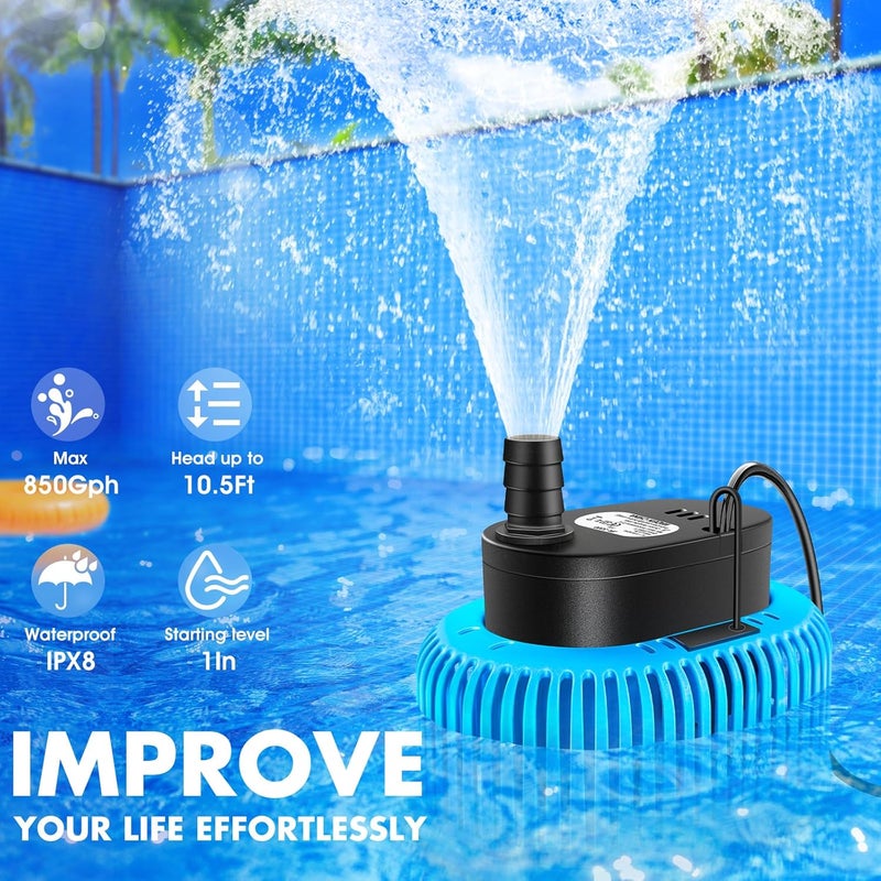 FizZeal Pool Cover Pump Above Ground, Automatic Water Sensor, Sump Pump for Pool Draining, Pool Cover Water Removal 4 Adapters, 16ft Hose & 25ft Power Cord, 850 GPH (Blue) - Image 2